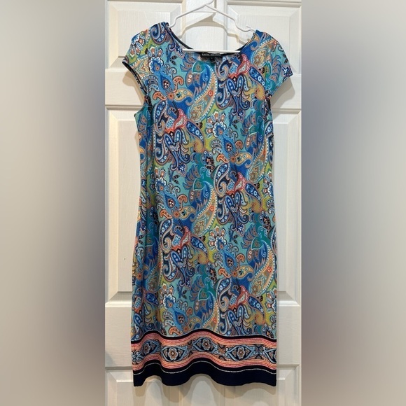Karin Stevens Dress Colorful Paisley Stretch Short Cap Sleeve Knee Length Sz L - Picture 1 of 7